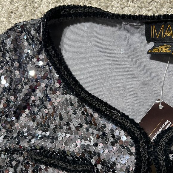 Iman Womens 1X Black & Silver Sequin Open Front Jacket 3/4 Sleeves Party Wear - Picture 8 of 9